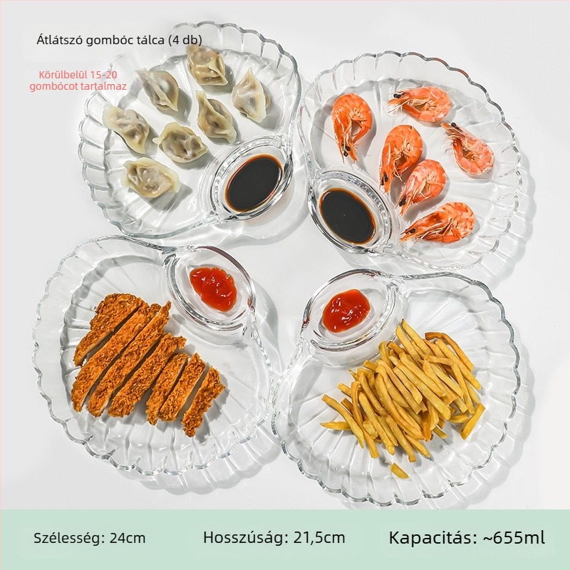 Gyoza tál ecetkészlettel, üveg gyoza tál szeparált kagyló dizájnnal, kreatív gyümölcstál (Forma: szektor; Anyag: selyem virág; Mikrohullámú sütő: nem használható)