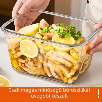 Négyszögletes boroszilikátüvegből készült ételtároló hűtőhöz, légmentesen záró, 2,1–3 L kapacitás, mikrohullámú sütőben használható