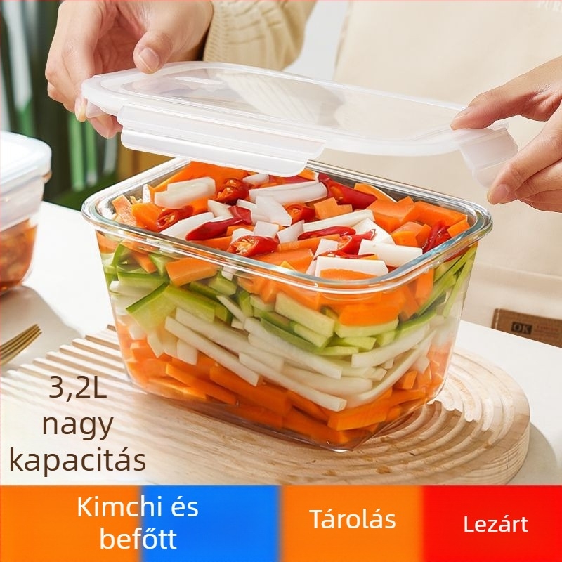 Négyszögletes boroszilikátüvegből készült ételtároló hűtőhöz, légmentesen záró, 2,1–3 L kapacitás, mikrohullámú sütőben használható
