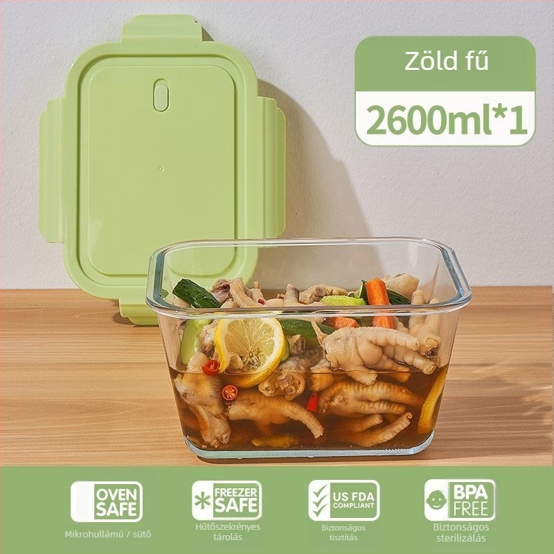 Négyszögletes boroszilikátüvegből készült ételtároló hűtőhöz, légmentesen záró, 2,1–3 L kapacitás, mikrohullámú sütőben használható
