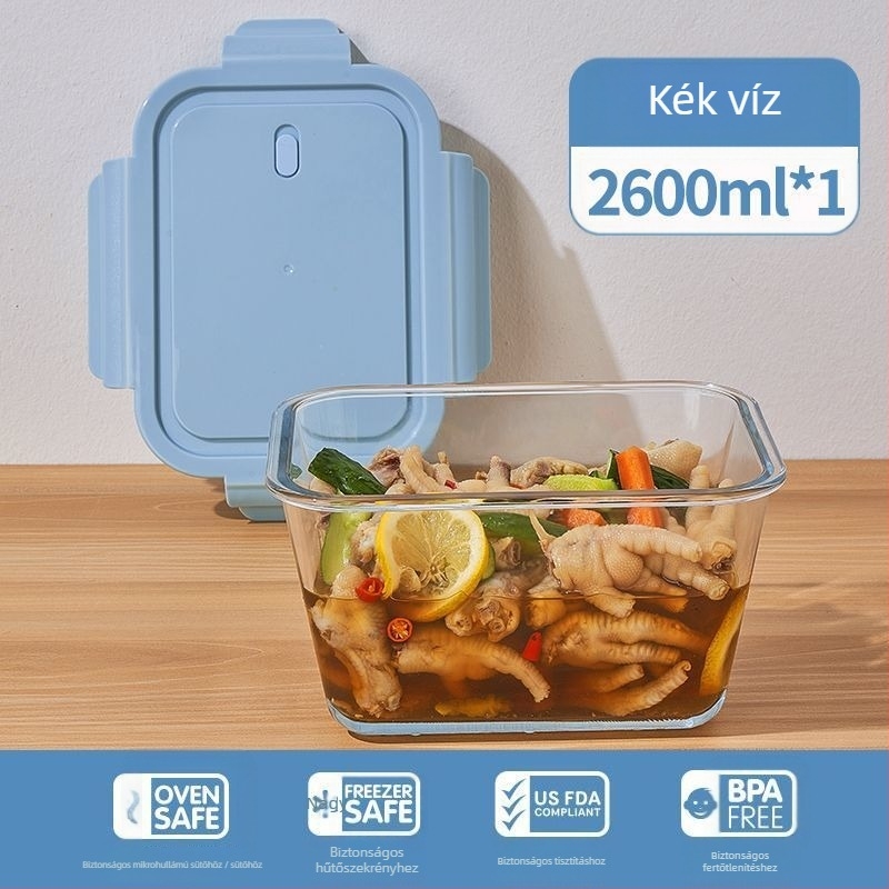 Négyszögletes boroszilikátüvegből készült ételtároló hűtőhöz, légmentesen záró, 2,1–3 L kapacitás, mikrohullámú sütőben használható