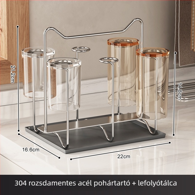 Rozsdamentes acél pohártartó, asztali rögzítés, egy réteg, konyhai tárolás