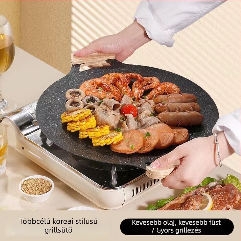 Kerek vas grilllemez hordozható indukciós főzőkhöz, koreai stílus, tapadásmentes, könnyen tisztítható