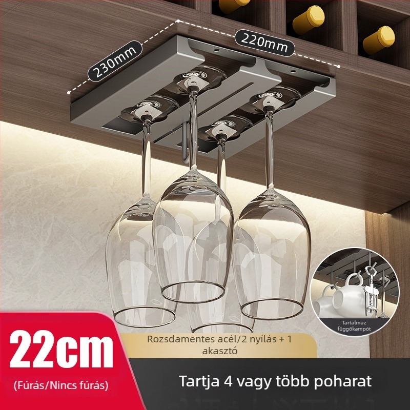Rozsdamentes acélból készült borospohár-tartó, falra szerelhető, fúrás nélküli, modern letisztult stílus.