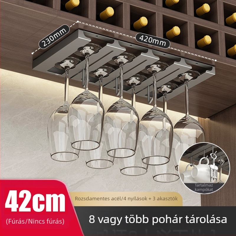 Rozsdamentes acélból készült borospohár-tartó, falra szerelhető, fúrás nélküli, modern letisztult stílus.