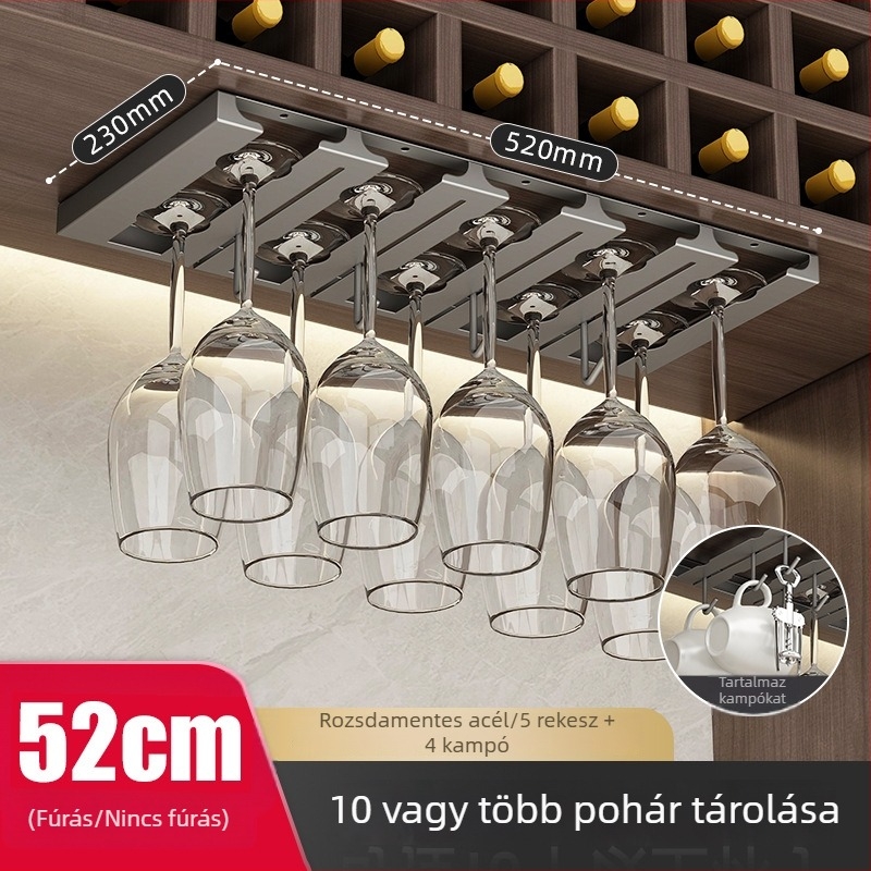 Rozsdamentes acélból készült borospohár-tartó, falra szerelhető, fúrás nélküli, modern letisztult stílus.