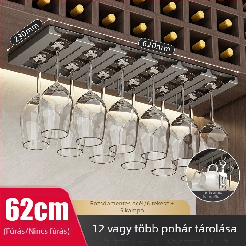 Rozsdamentes acélból készült borospohár-tartó, falra szerelhető, fúrás nélküli, modern letisztult stílus.