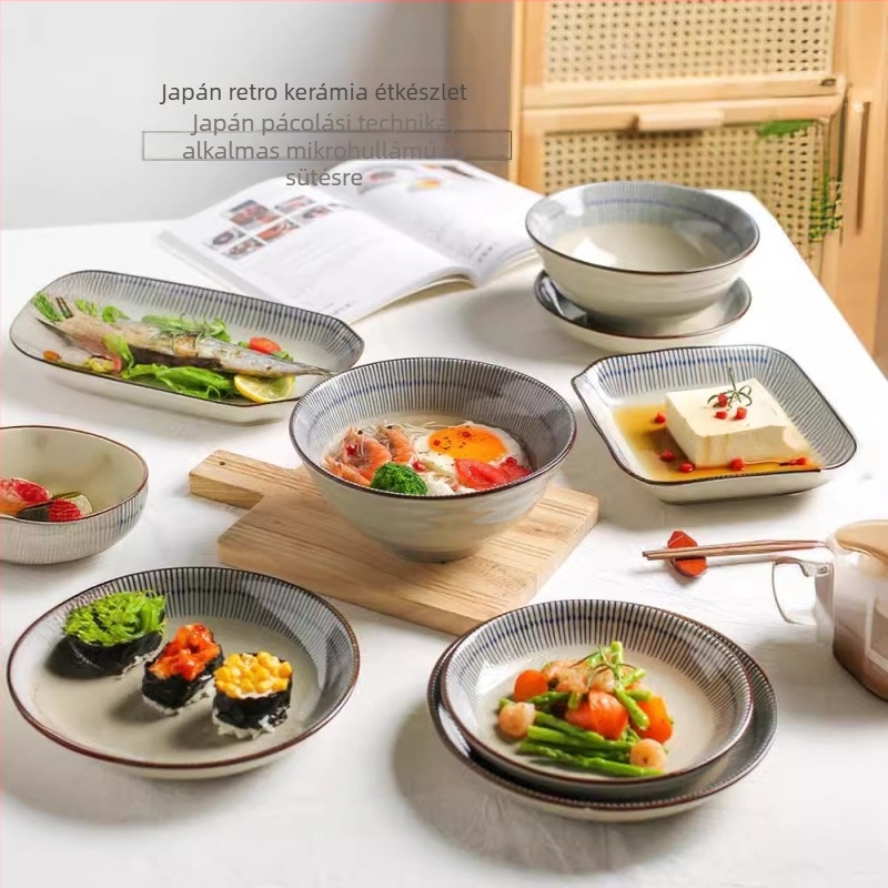 Rizses tál, japán stílusú vintage étkészlet, porcelán, kézzel rajzolt csíkok, kerek alakú, mikrohullámú sütőben melegíthető (Porcelán; Kézzel rajzolt csíkok; Kerek alak; Mikrohullámú sütőhöz; Japán stílus vintage)