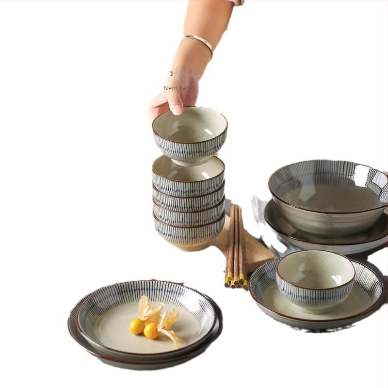 Rizses tál, japán stílusú vintage étkészlet, porcelán, kézzel rajzolt csíkok, kerek alakú, mikrohullámú sütőben melegíthető (Porcelán; Kézzel rajzolt csíkok; Kerek alak; Mikrohullámú sütőhöz; Japán stílus vintage)