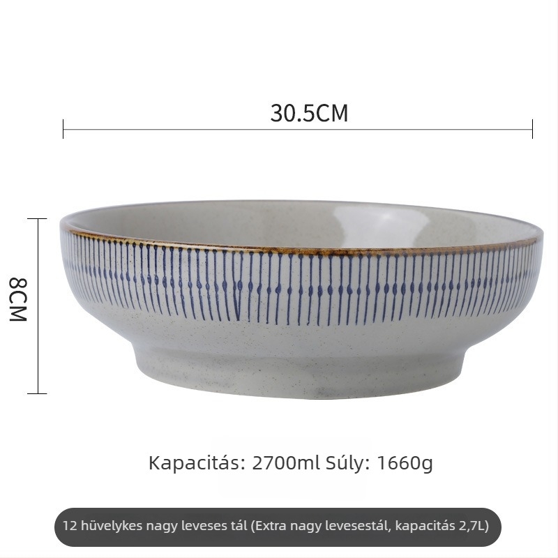 Rizses tál, japán stílusú vintage étkészlet, porcelán, kézzel rajzolt csíkok, kerek alakú, mikrohullámú sütőben melegíthető (Porcelán; Kézzel rajzolt csíkok; Kerek alak; Mikrohullámú sütőhöz; Japán stílus vintage)