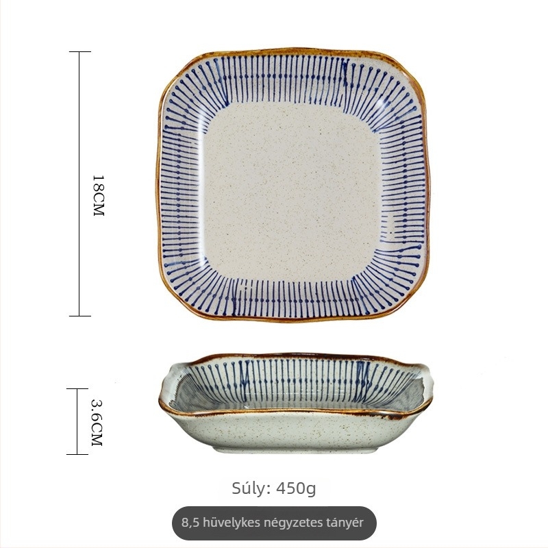 Rizses tál, japán stílusú vintage étkészlet, porcelán, kézzel rajzolt csíkok, kerek alakú, mikrohullámú sütőben melegíthető (Porcelán; Kézzel rajzolt csíkok; Kerek alak; Mikrohullámú sütőhöz; Japán stílus vintage)
