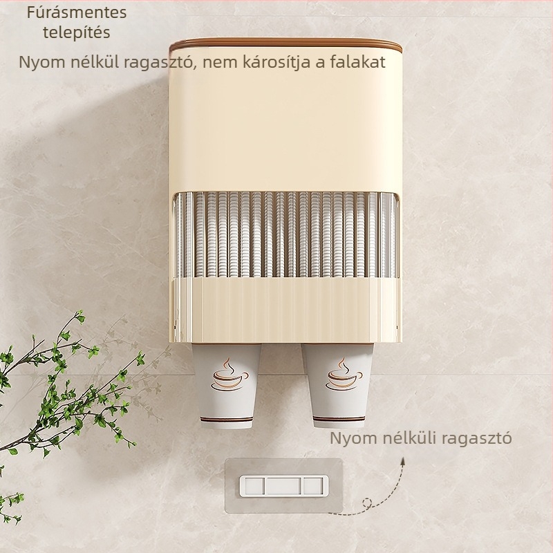 Falra szerelhető műanyag pohár tartó egyszer használatos poharakhoz — lyukasztás nélküli, modern egyszerű stílus
