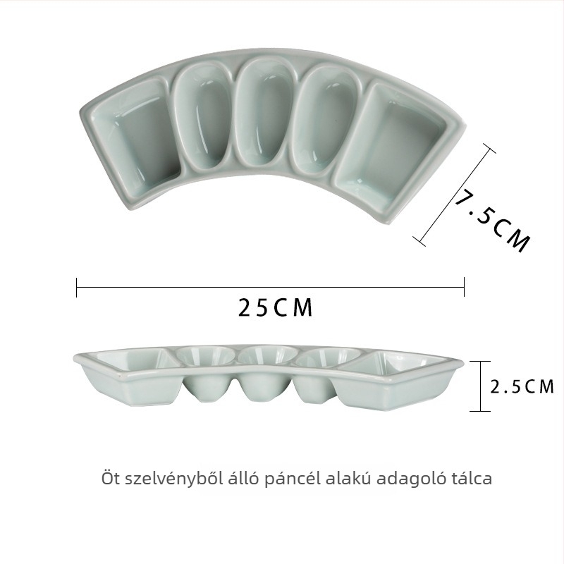 Kerámia szósz tál több rekesszel, szabálytalan alakú, aláglazúros felülettel, mikrohullámú sütőben használható, nemzeti divat stílusában.