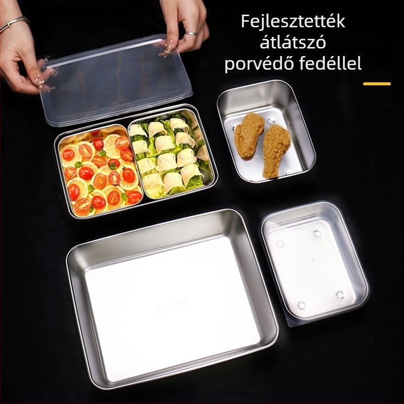 304 rozsdamentes acél négyszögletes tiramisu-forma fedővel, ebédes doboz tároláshoz, kapacitás 1-2 L