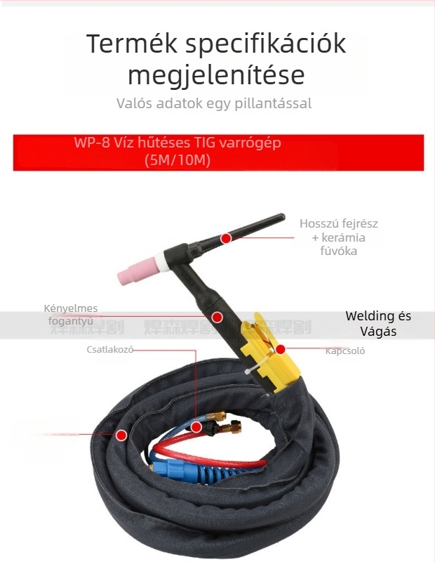 WP-26 Argon ívhegesztő pisztoly, gázhűtéses, 10 m, Ø6 mm, 220 V, Welding Sen