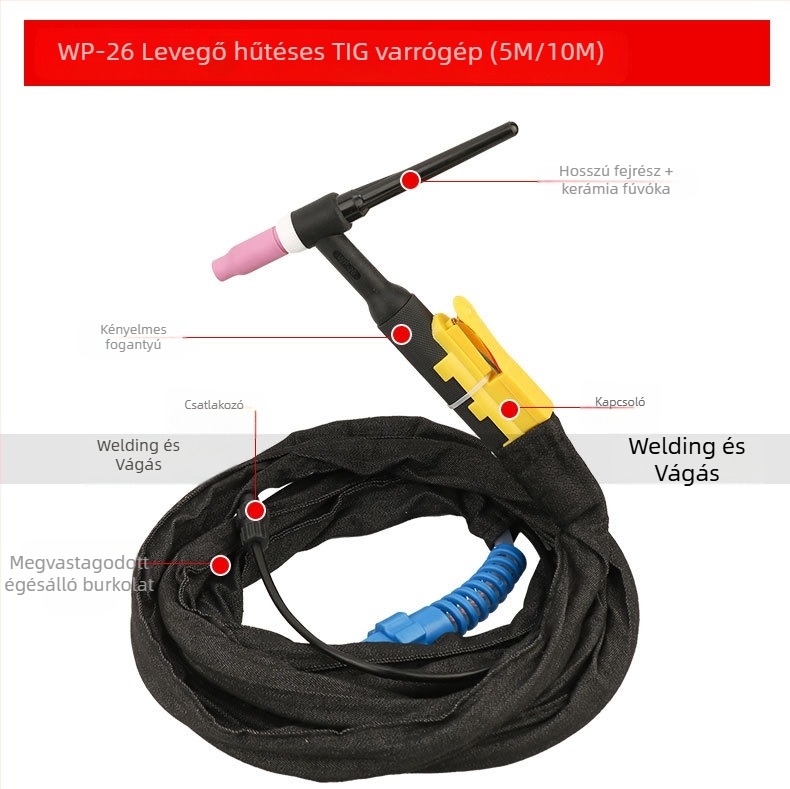 WP-26 Argon ívhegesztő pisztoly, gázhűtéses, 10 m, Ø6 mm, 220 V, Welding Sen