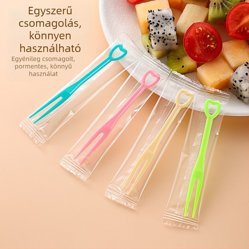 Egyszer használatos gyümölcs villa PS műanyagból, egyedi csomagolású, 100–200 db/csomag, mikrohullámú sütőben használható, 0,55 g/darab