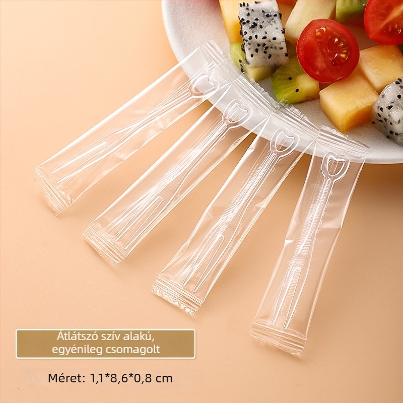 Egyszer használatos gyümölcs villa PS műanyagból, egyedi csomagolású, 100–200 db/csomag, mikrohullámú sütőben használható, 0,55 g/darab