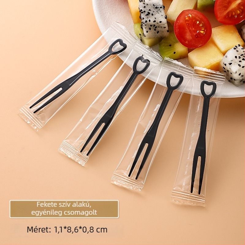 Egyszer használatos gyümölcs villa PS műanyagból, egyedi csomagolású, 100–200 db/csomag, mikrohullámú sütőben használható, 0,55 g/darab