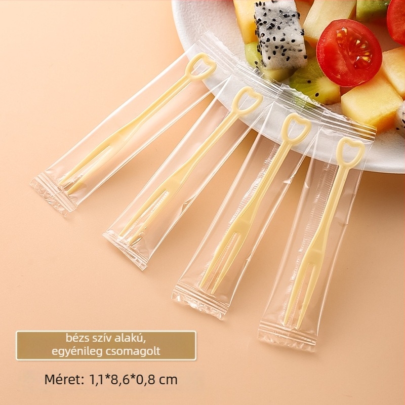 Egyszer használatos gyümölcs villa PS műanyagból, egyedi csomagolású, 100–200 db/csomag, mikrohullámú sütőben használható, 0,55 g/darab