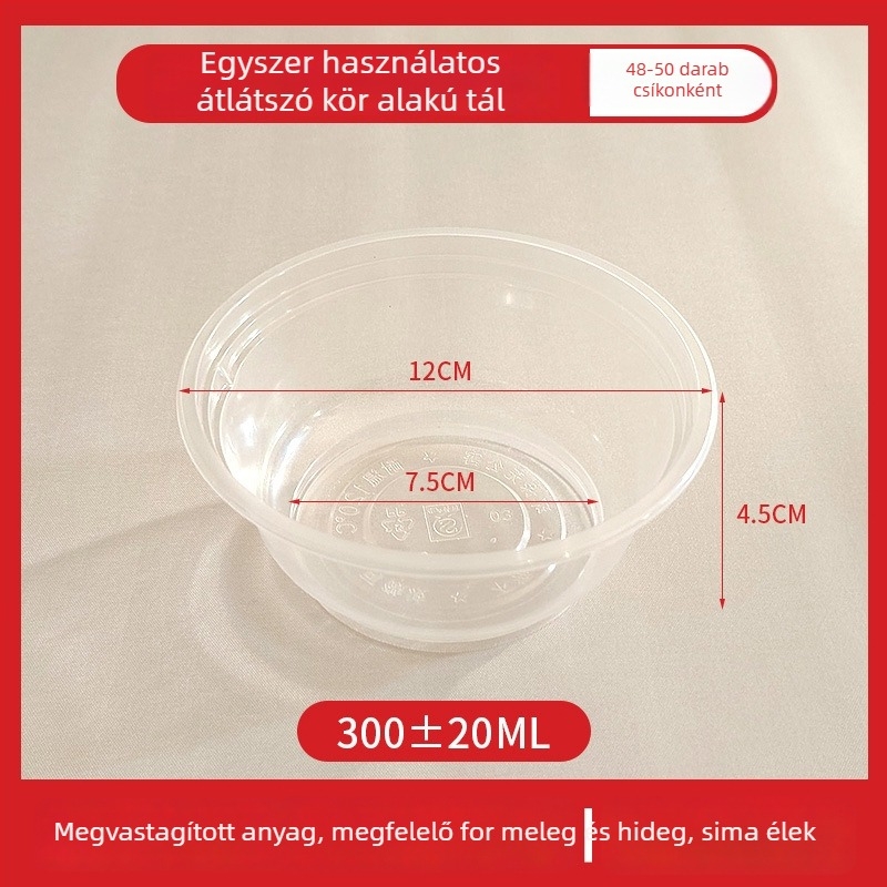 Egyszer használatos műanyag kör alakú tál kiszállításra, fedéllel, 300–1000 ml kapacitás, standard vastagság