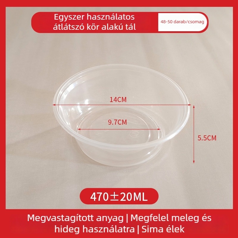 Egyszer használatos műanyag kör alakú tál kiszállításra, fedéllel, 300–1000 ml kapacitás, standard vastagság