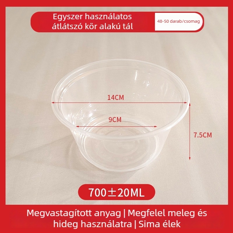 Egyszer használatos műanyag kör alakú tál kiszállításra, fedéllel, 300–1000 ml kapacitás, standard vastagság