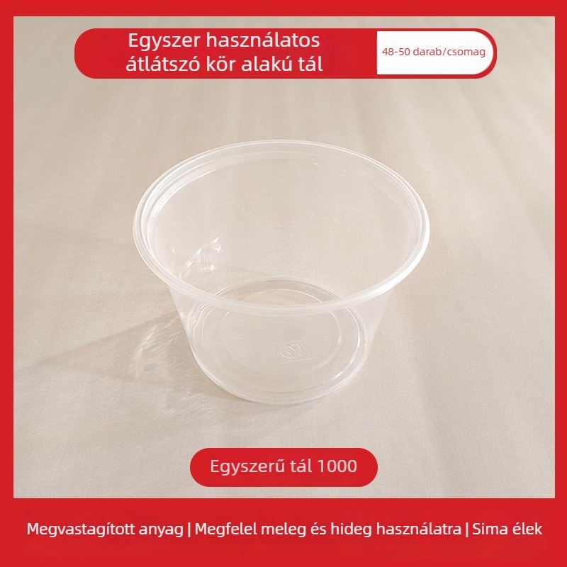 Egyszer használatos műanyag kör alakú tál kiszállításra, fedéllel, 300–1000 ml kapacitás, standard vastagság