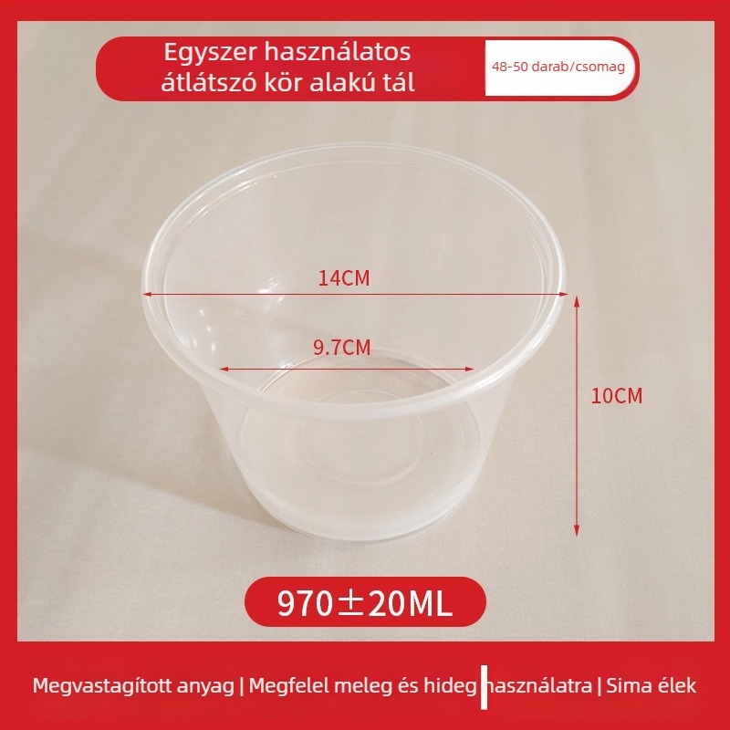 Egyszer használatos műanyag kör alakú tál kiszállításra, fedéllel, 300–1000 ml kapacitás, standard vastagság