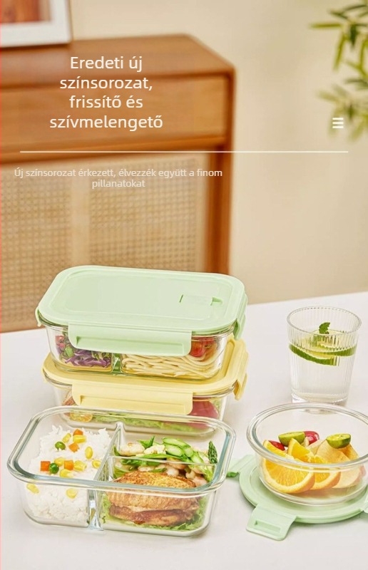 Irodai dolgozók számára készült üveg ebédes doboz, mikrohullámú sütőben melegíthető, téglalap alakú, zárható fedővel