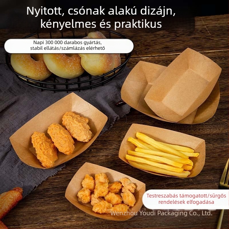 Személyre szabott egyszer használatos kraftpapír snack hajó doboz, nyitott felső résszel, olajálló kivitel, hasábburgonya és csirkés popcorn doboz