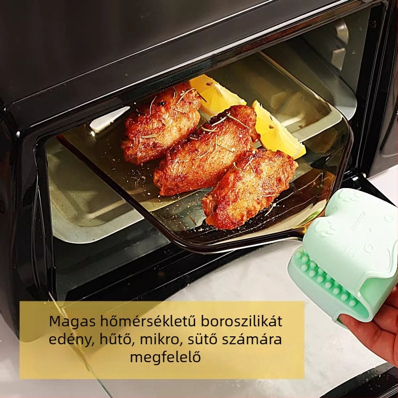 Mikrohullámú sütőbe tehető üvegtál fogantyúval, magas bóroszilát üveg, modern minimalista stílus