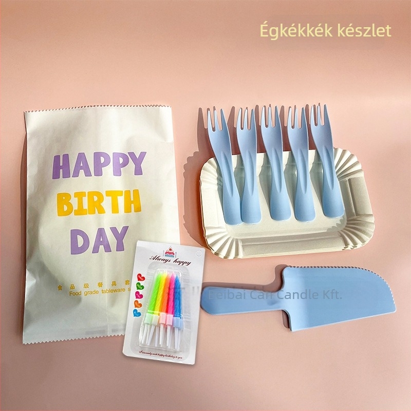 Egyszer használatos műanyag étkészlet tortához – villa, kés és tál – téglalap alakú – logó nyomtatási lehetőség – 300 készlet dobozonként