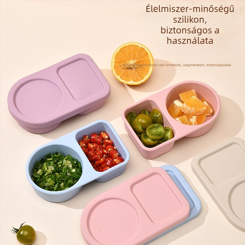 Kétrekeszes ebédes doboz szilikonból, mikrohullámú sütőben használható, fagyasztóbarát, gyerekeknek