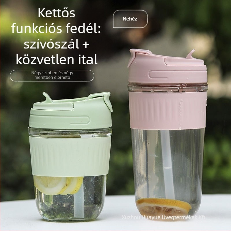 Szódalime üvegpohár vízhez szívószállal, modern minimalista stílus, logó nyomtatás lehetséges, szivárgásmentes és hőálló
