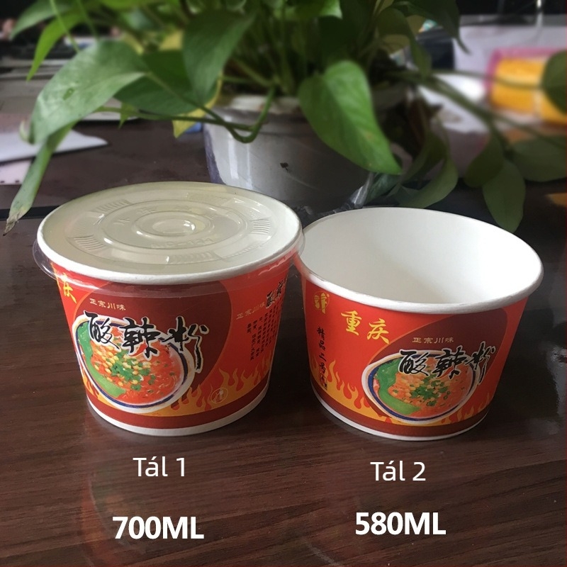 Egyszer használható kör alakú papírtálca fedővel – Chongqing forró-savas tésztához; anyag: papír; mikrohullámú sütőben nem használható; nem biológiailag lebomló; bruttó súly: 3 kg