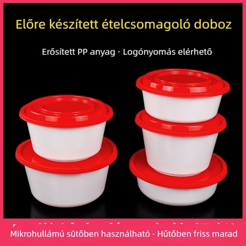 Vastagított egyszer használatos kör alakú ételhordó doboz tetővel, PP anyag, mikróhullámú sütőbe tehető, logó nyomtatás, testreszabás elérhető