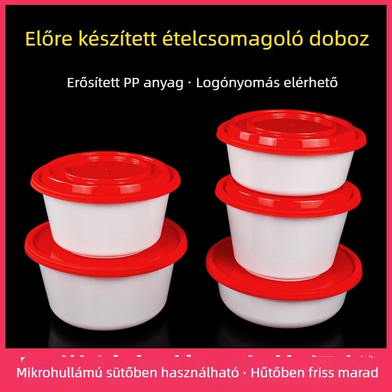 Vastagított egyszer használatos kör alakú ételhordó doboz tetővel, PP anyag, mikróhullámú sütőbe tehető, logó nyomtatás, testreszabás elérhető