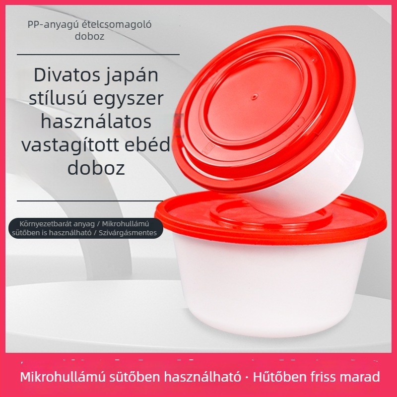 Vastagított egyszer használatos kör alakú ételhordó doboz tetővel, PP anyag, mikróhullámú sütőbe tehető, logó nyomtatás, testreszabás elérhető