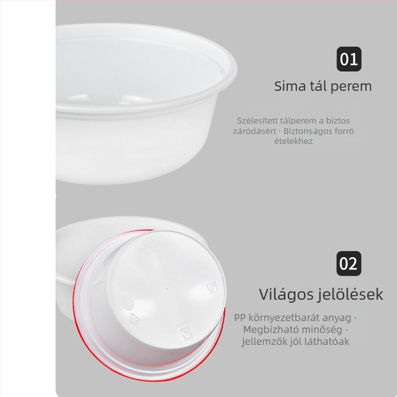 Vastagított egyszer használatos kör alakú ételhordó doboz tetővel, PP anyag, mikróhullámú sütőbe tehető, logó nyomtatás, testreszabás elérhető