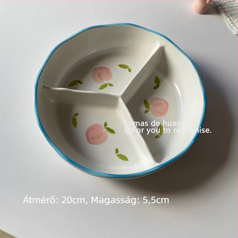 Porcelános osztott tál tin fedővel adagonkénti kontrollhoz — Nordic stílus, szabálytalan alak, növény-virág mintázat, aláglazúrral felület