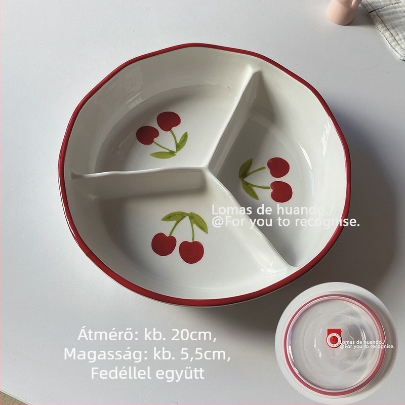 Porcelános osztott tál tin fedővel adagonkénti kontrollhoz — Nordic stílus, szabálytalan alak, növény-virág mintázat, aláglazúrral felület