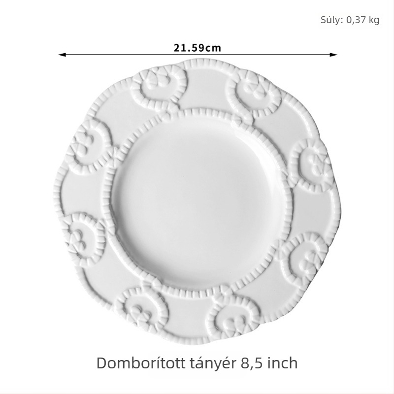 Kerámia étkészlet domborított mintázattal, palotai stílusban, tartalmaz lapos és sekély tányérokat, kézzel készített és testre szabható.