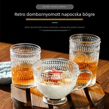 Vízpohár napraforgó-reliefel, kézzel faragott üvegből, hengeres alakú, fogantyúval