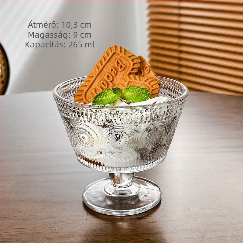 Desszert goblet szabálytalan formájú, nátrium-kálcium üveg, egyetlen réteg, kanállal