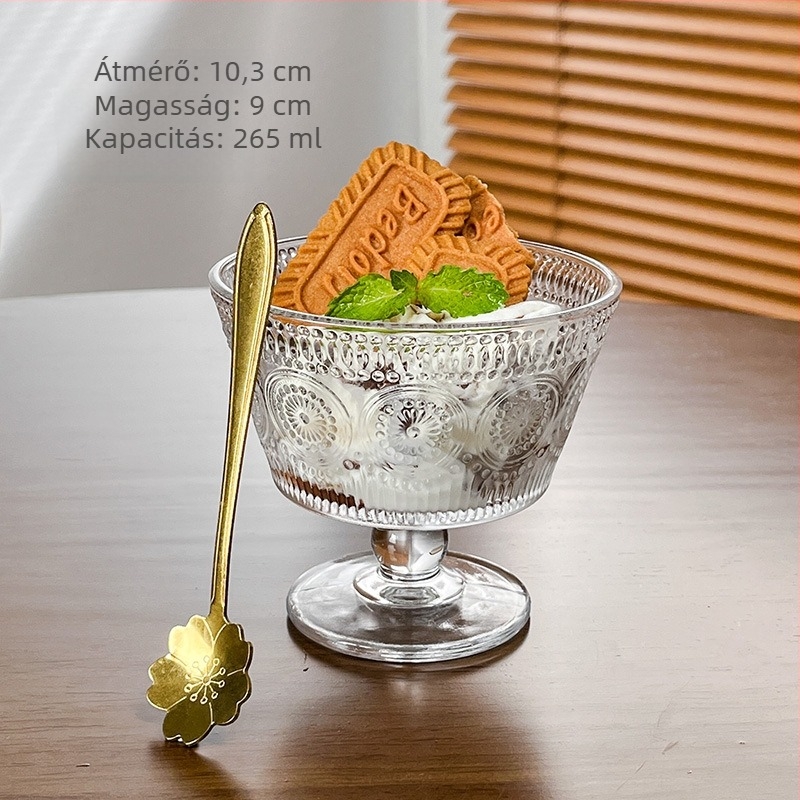 Desszert goblet szabálytalan formájú, nátrium-kálcium üveg, egyetlen réteg, kanállal