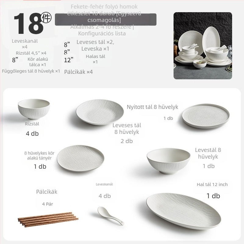 Porcelán étkészlet tálakkal, tányérokkal és evőpálcikákkal; egyszerű stílus, kerek forma, egynemű mintázat; márka YOGEHOME
