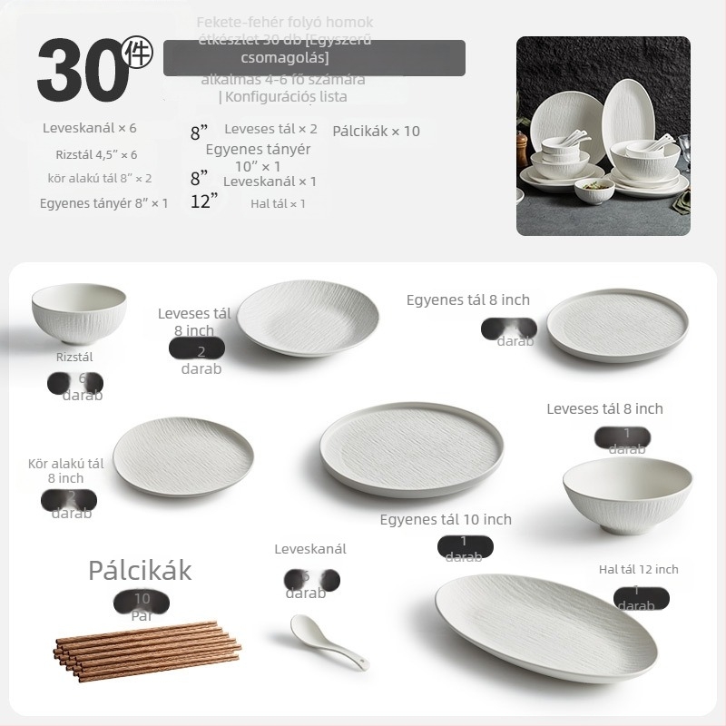 Porcelán étkészlet tálakkal, tányérokkal és evőpálcikákkal; egyszerű stílus, kerek forma, egynemű mintázat; márka YOGEHOME