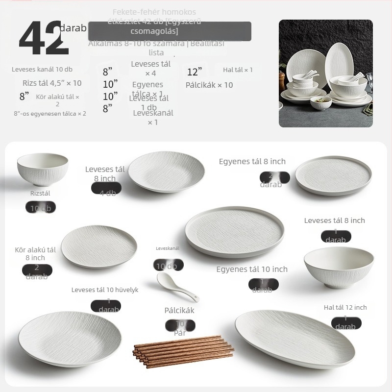 Porcelán étkészlet tálakkal, tányérokkal és evőpálcikákkal; egyszerű stílus, kerek forma, egynemű mintázat; márka YOGEHOME