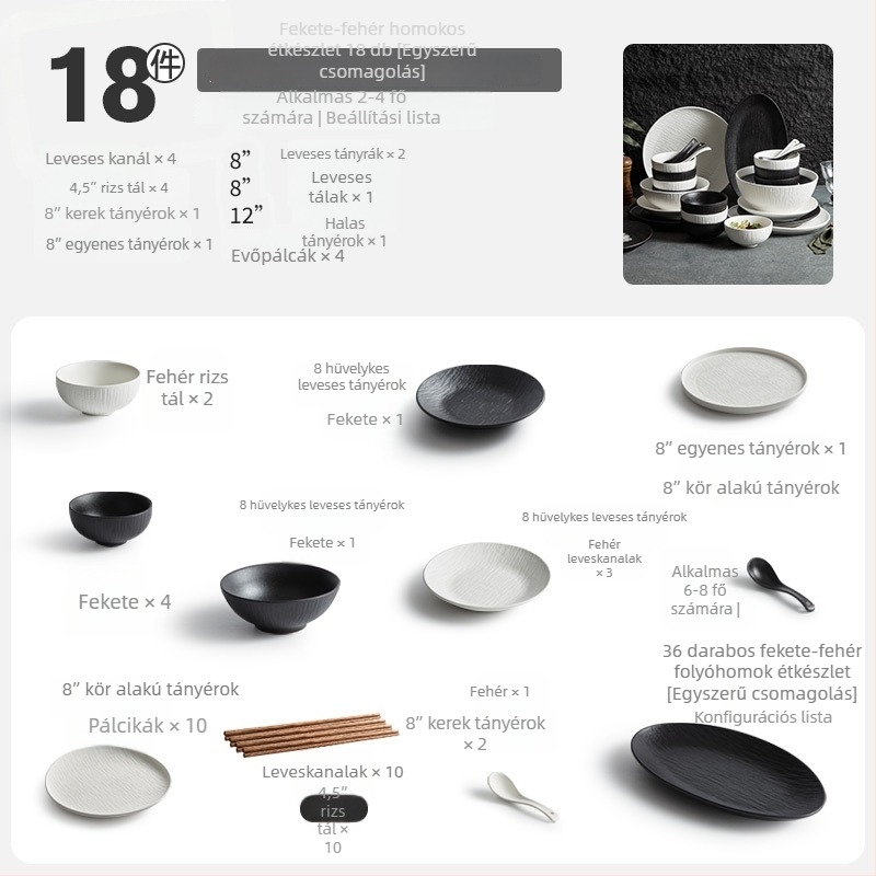 Porcelán étkészlet tálakkal, tányérokkal és evőpálcikákkal; egyszerű stílus, kerek forma, egynemű mintázat; márka YOGEHOME